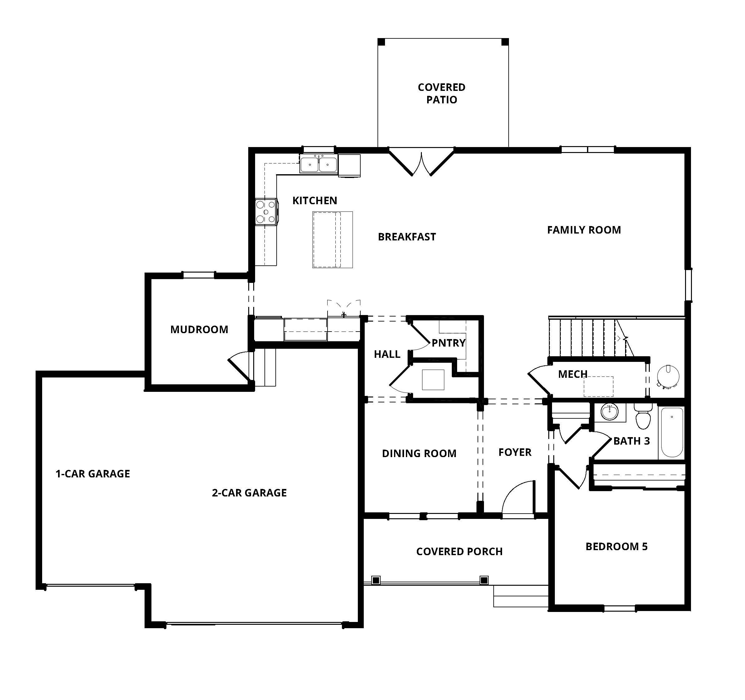 The first floor of the Monte Vista has open living areas, a secondary bedrooms and a secondary bathroom.