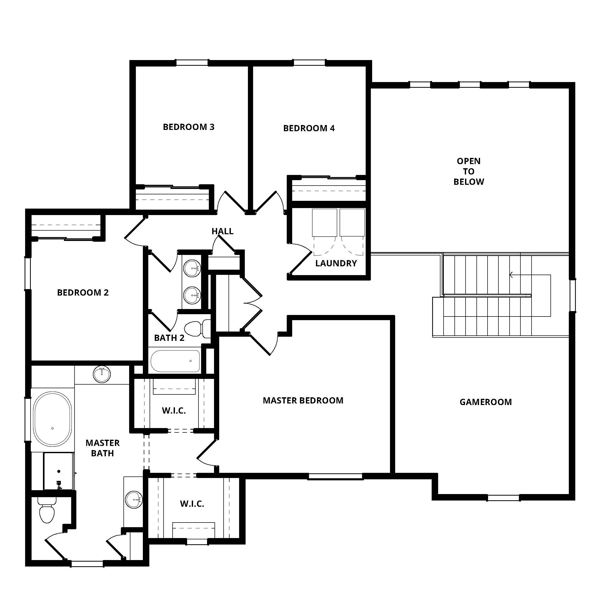 The second floor of the Monte Vista has four bedrooms, two bathrooms and a loft.