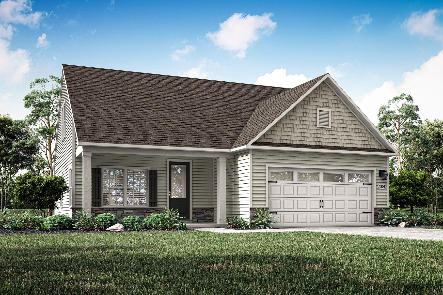 The Birch features a two-car garage and stone detailing