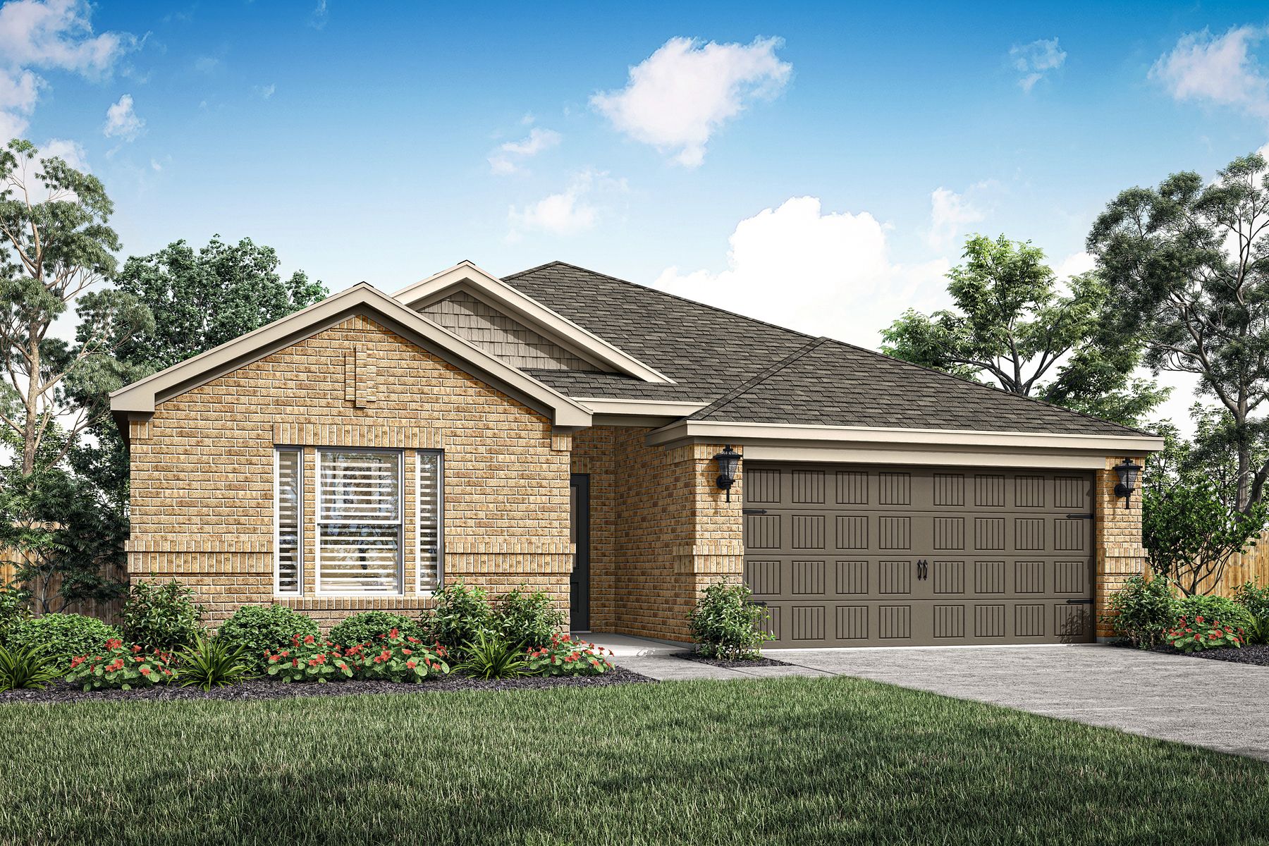 The beautiful, one-story Keystone has a brick exterior.