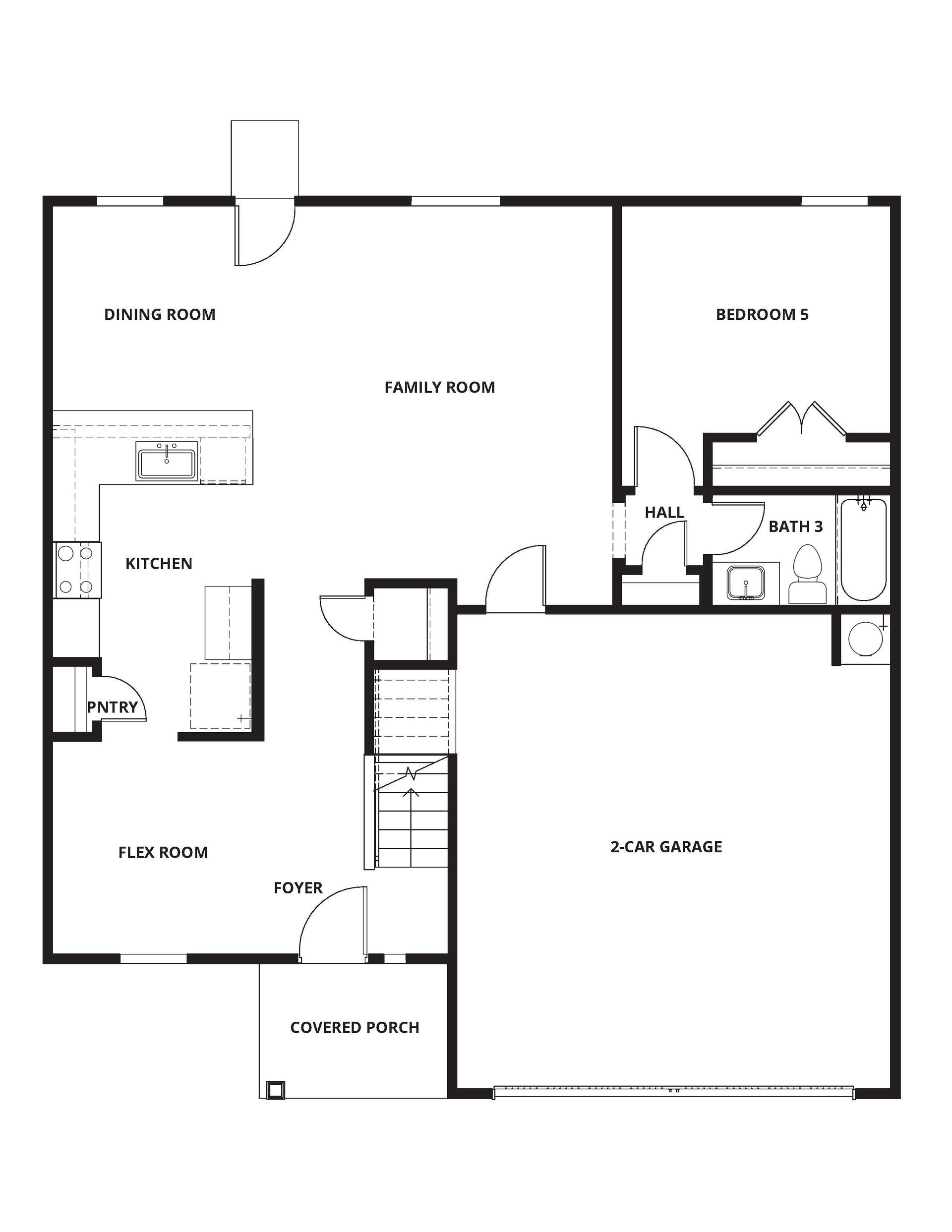 The first floor of the Perry has a wonderful open-concept layout and a seondary bedroom and bathroom.