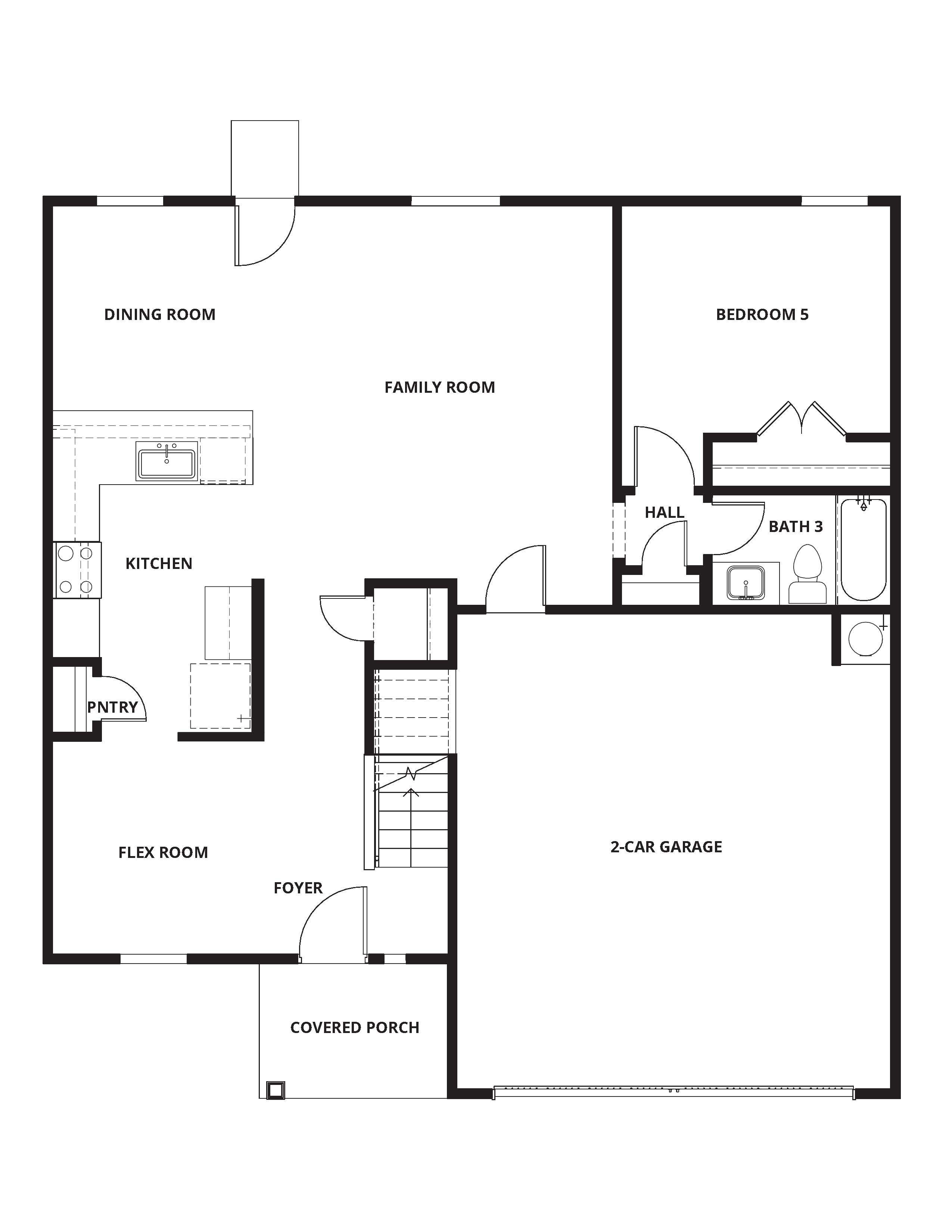 The first floor of the Perry has a wonderful open-concept layout and a seondary bedroom and bathroom.