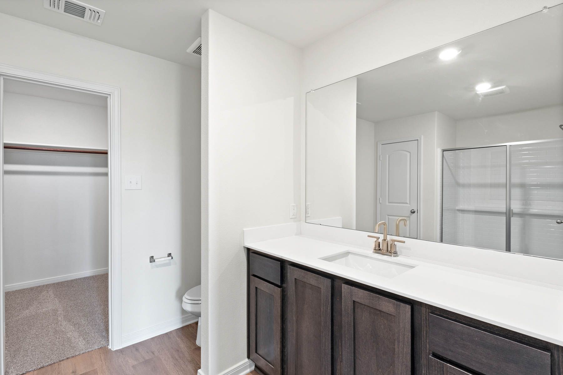 The master bathroom has a spacious vanity space.