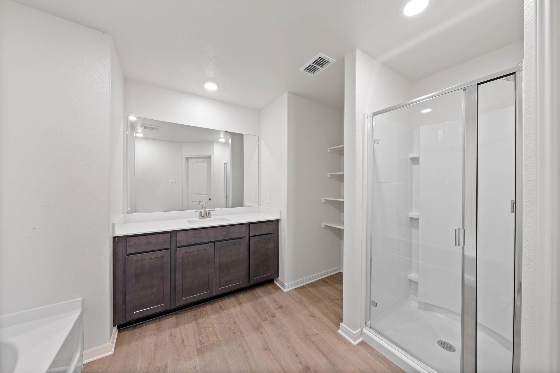 The master bathroom has a large vanity space and glass, walk-in shower.