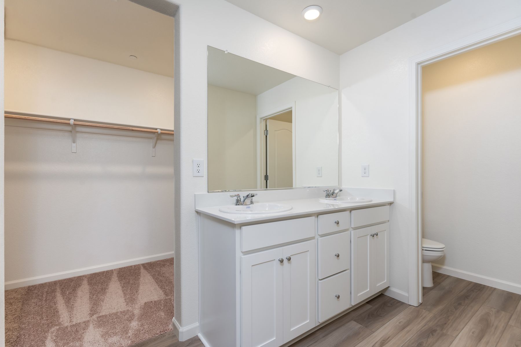 The master bathroom has a dual sink vanity.