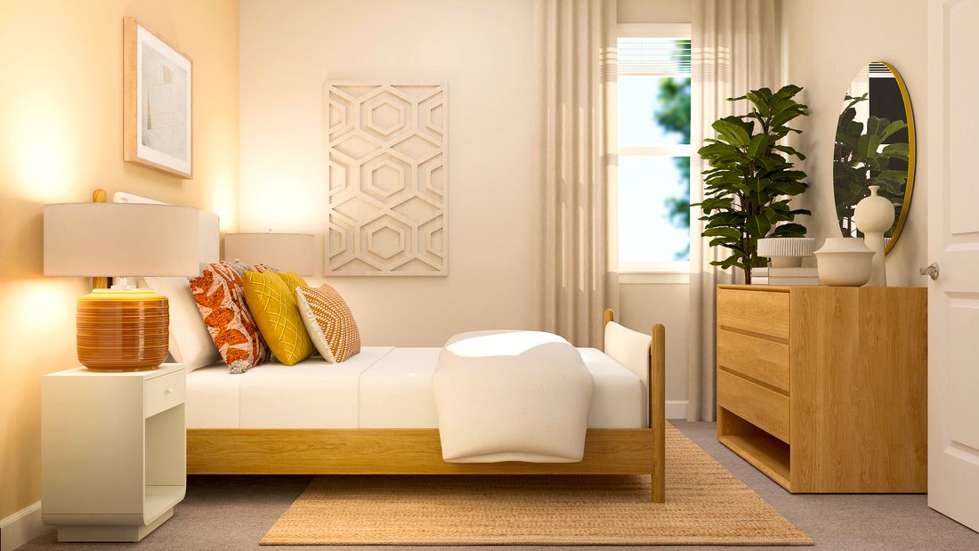 Rendering of a bedroom furnished with a large bed, white side table and a dresser.