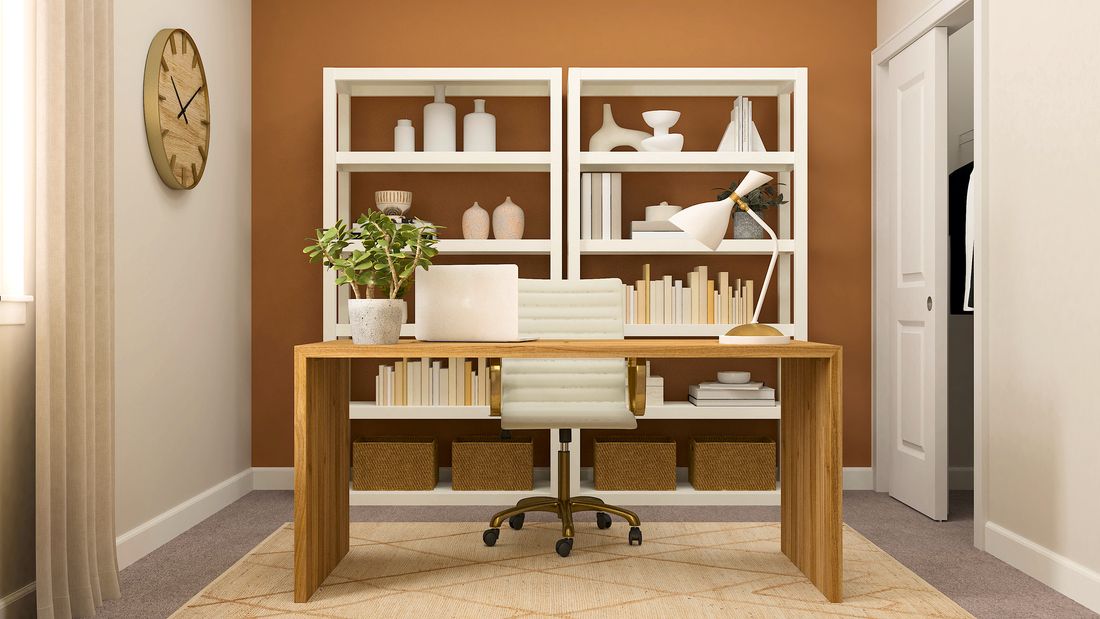Rendering of office with a large wooden desk and decor shelving.