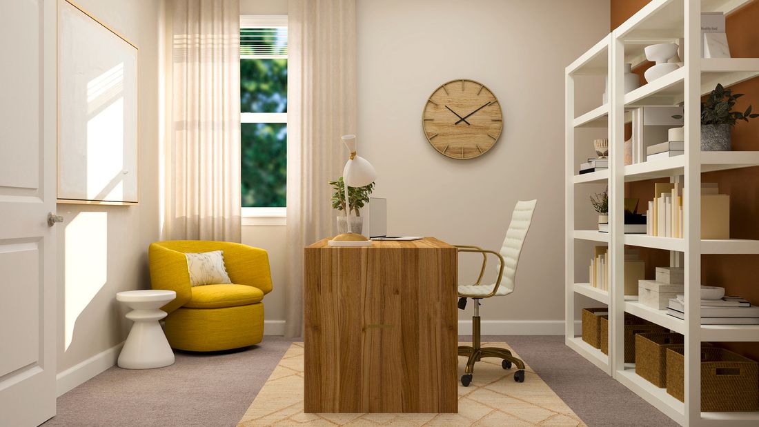 Rendering of office furnished with a wooden desk and a yellow chair in the corner.