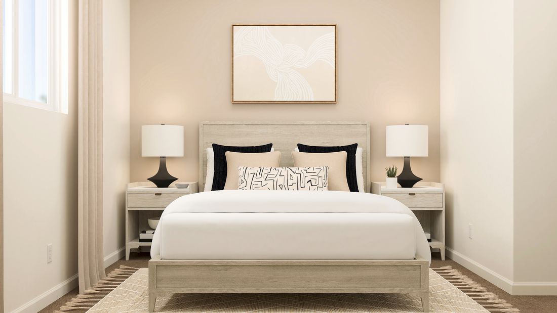 Rendering of bedroom with a large bed and two nighstands. 