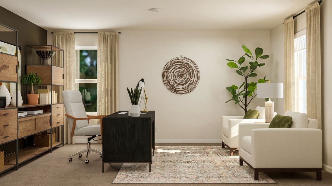 Rendering of office furnished with a glass desk and three chairs. 