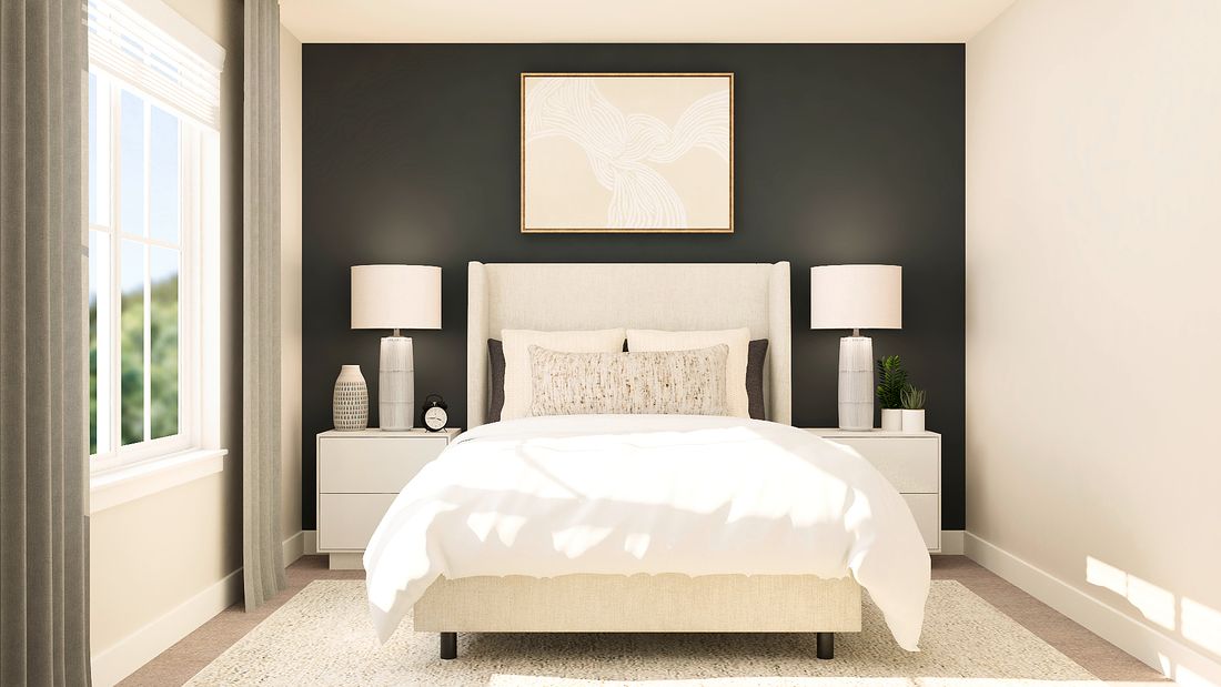 Rendering of a bedroom with a beautiful white bed and two nightstands.