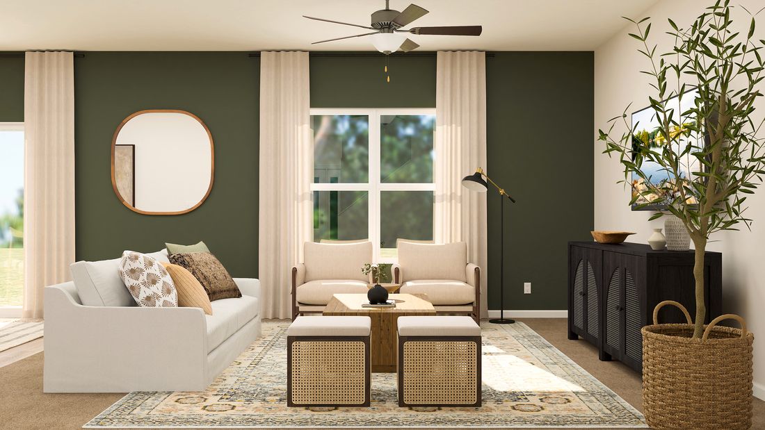 Rendering of a family room with a white couch and accent chairs. 
