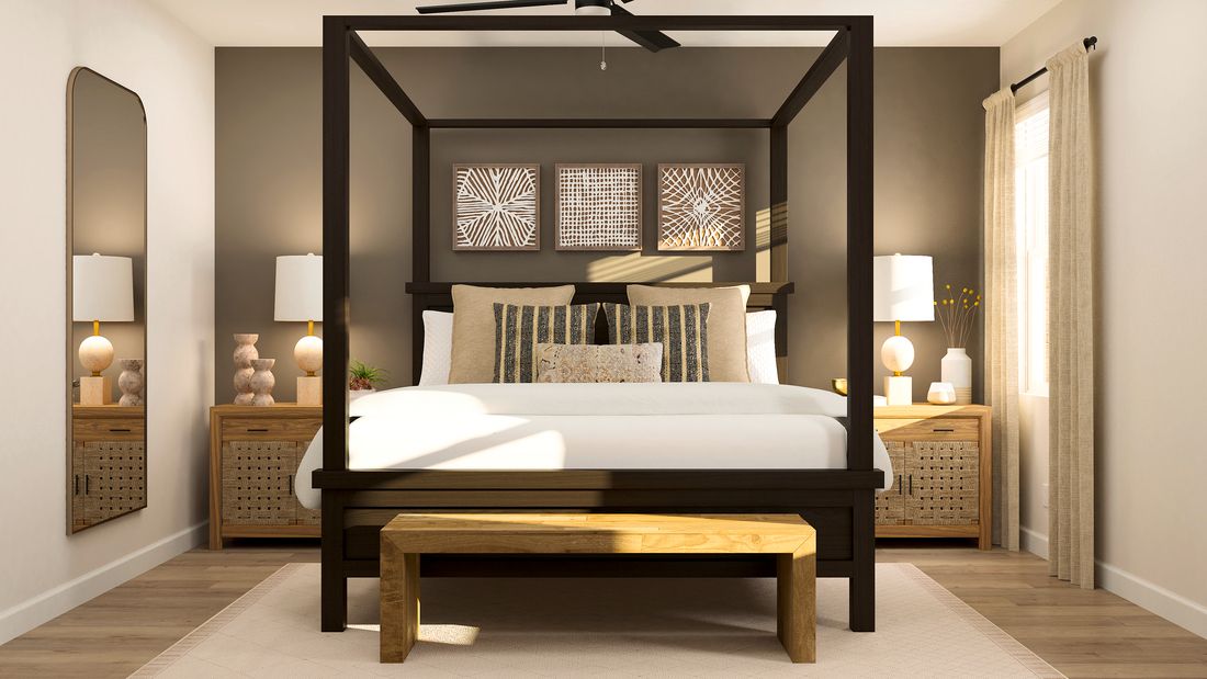 Rendering of a primary bedroom with a large metal frame bed and two nightstands.