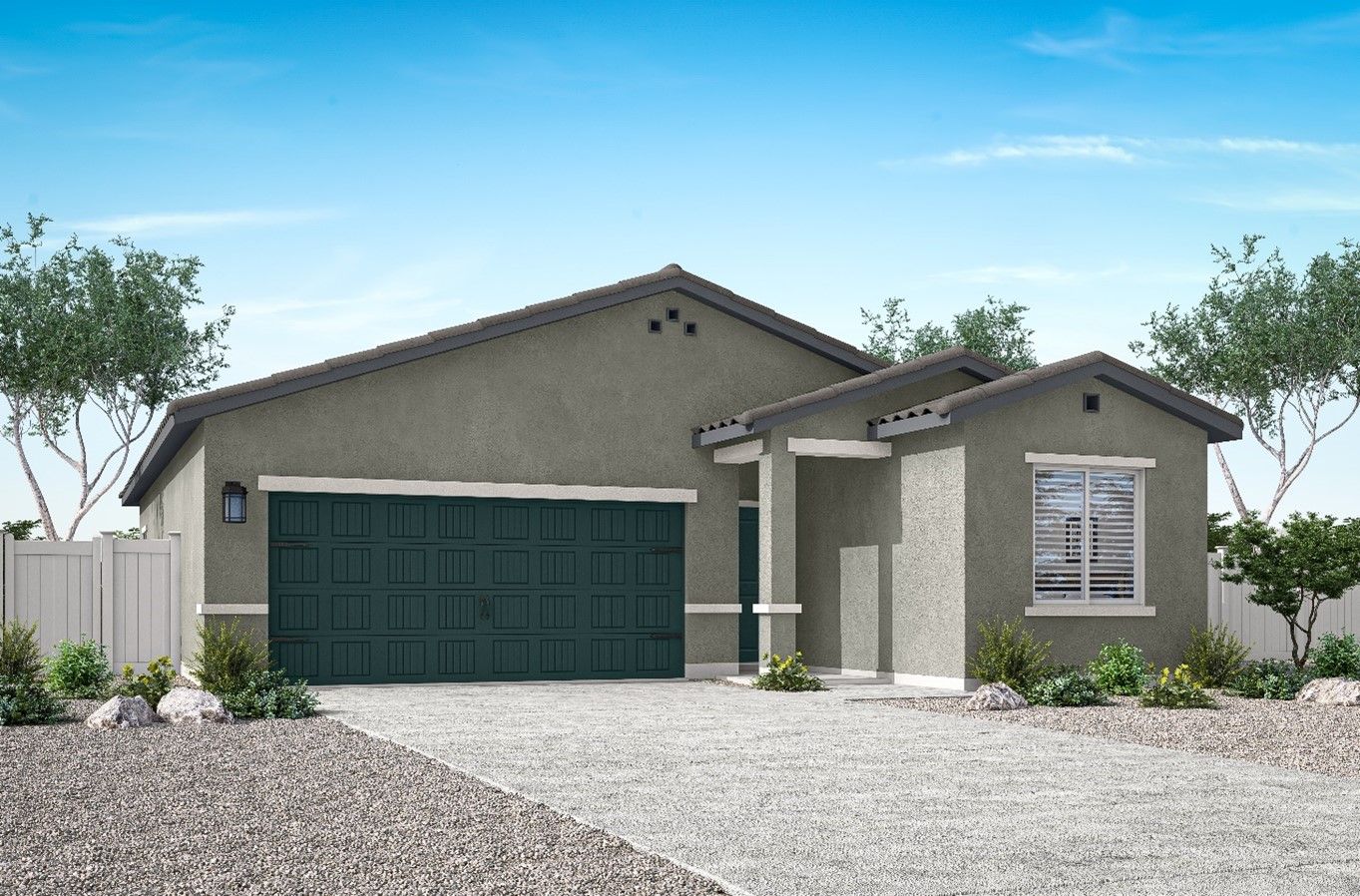 Rendering of a beautiful one-story, stucco home. 