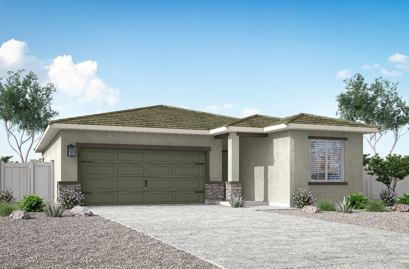 Rendering of a beautiful one-story, stucco home. 