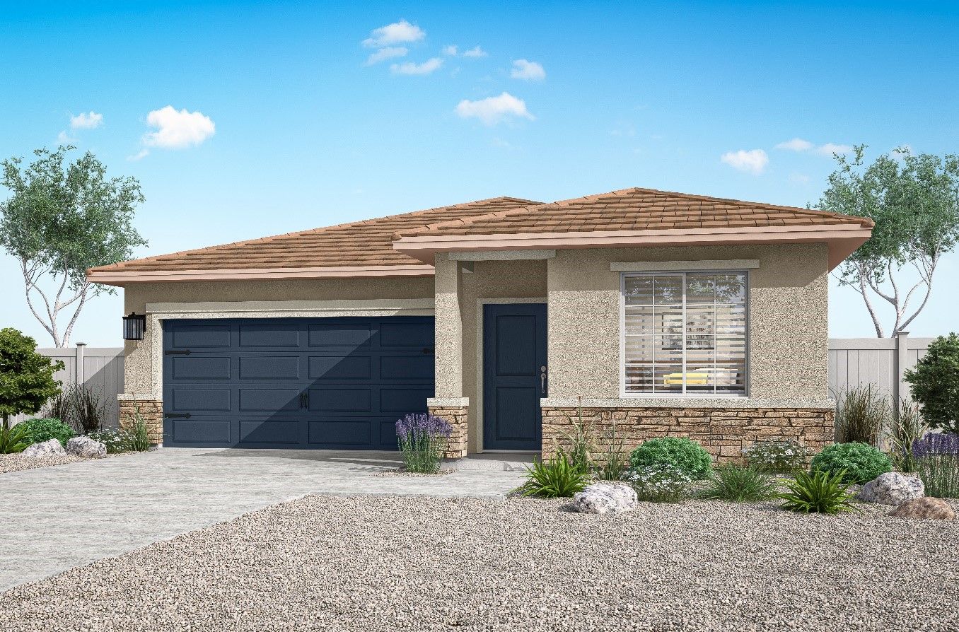 Rendering of a beautiful one-story, stucco home. 