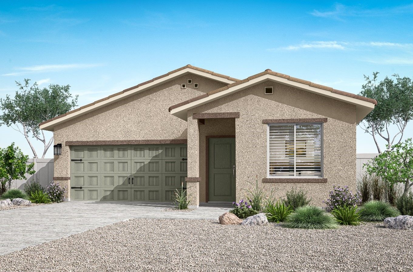 Rendering of a beautiful one-story, stucco home. 