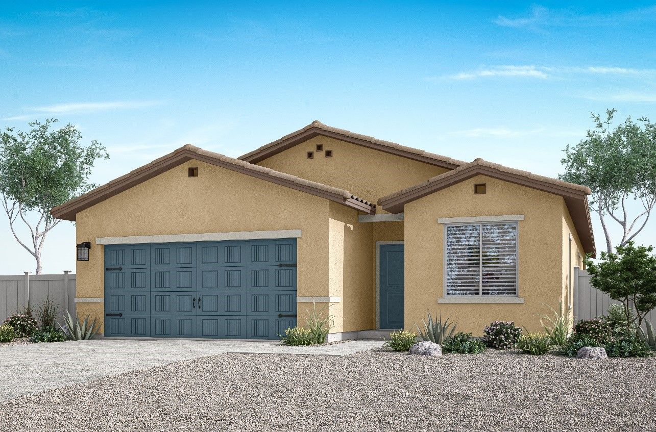 Rendering of a beautiful one-story, stucco home. 