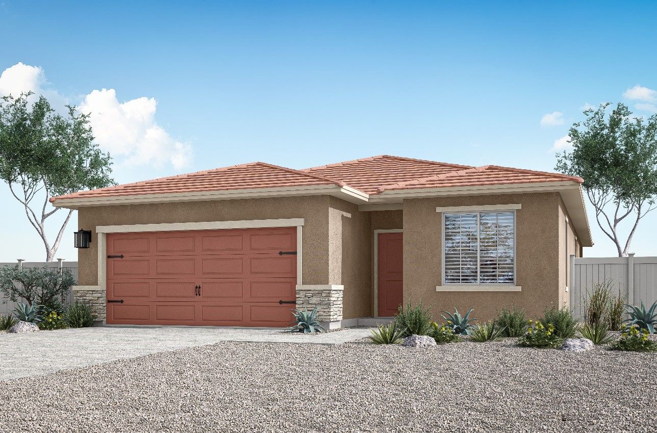 Rendering of a beautiful one-story, stucco home. 