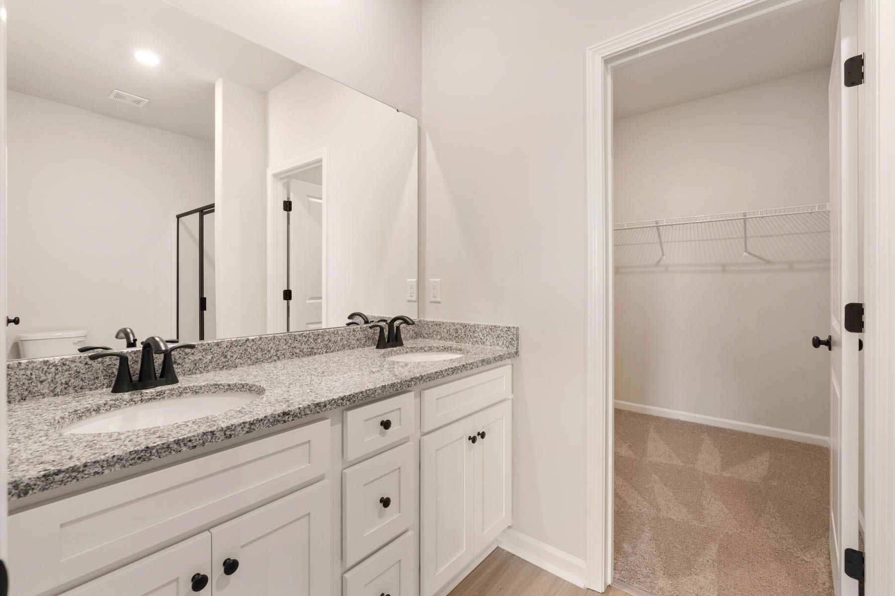 This bathroom has granite countertops