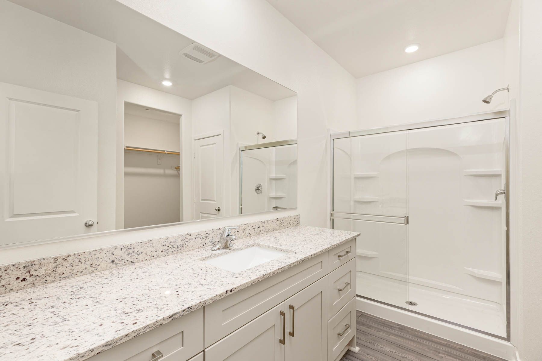 The master bathroom has a large vanity and a step in shower.