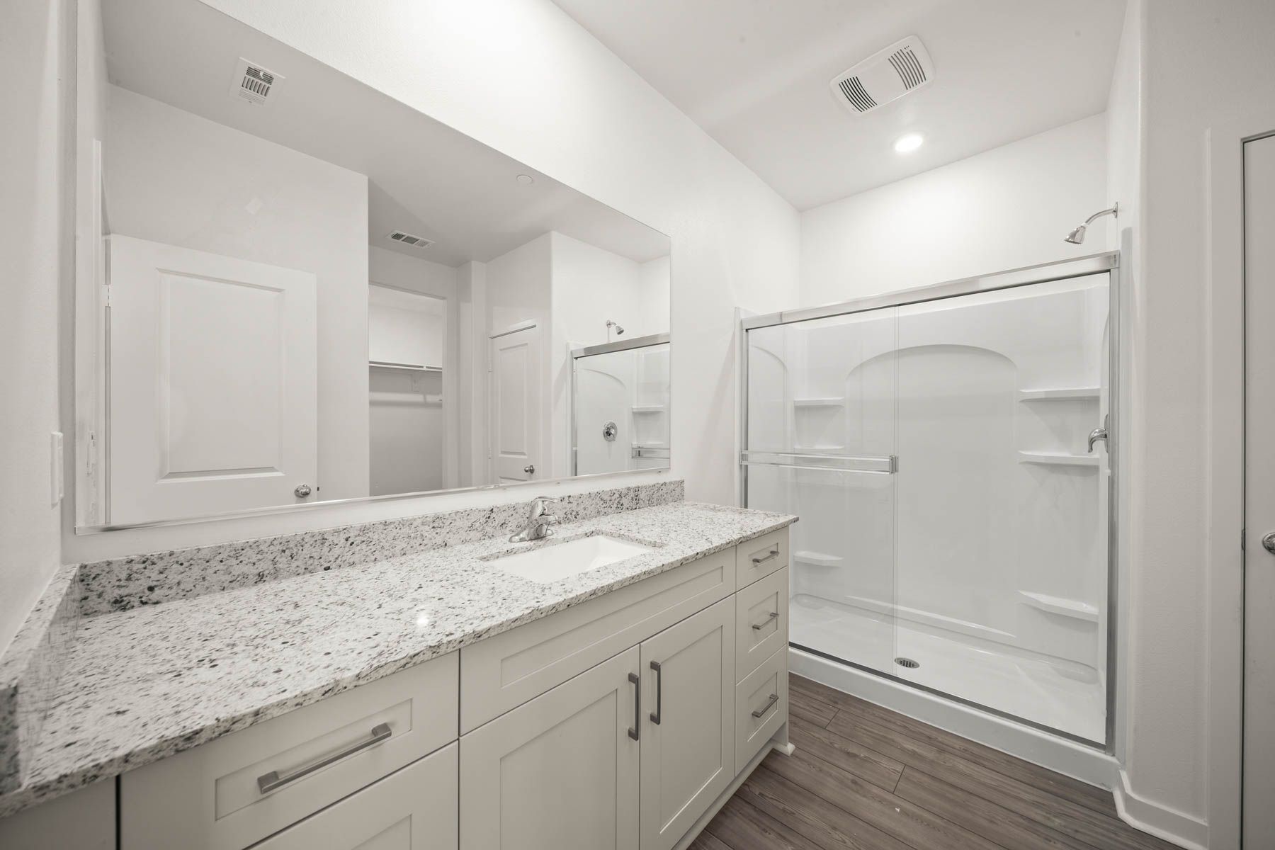 The master bathroom has a large vanity and a step in shower.