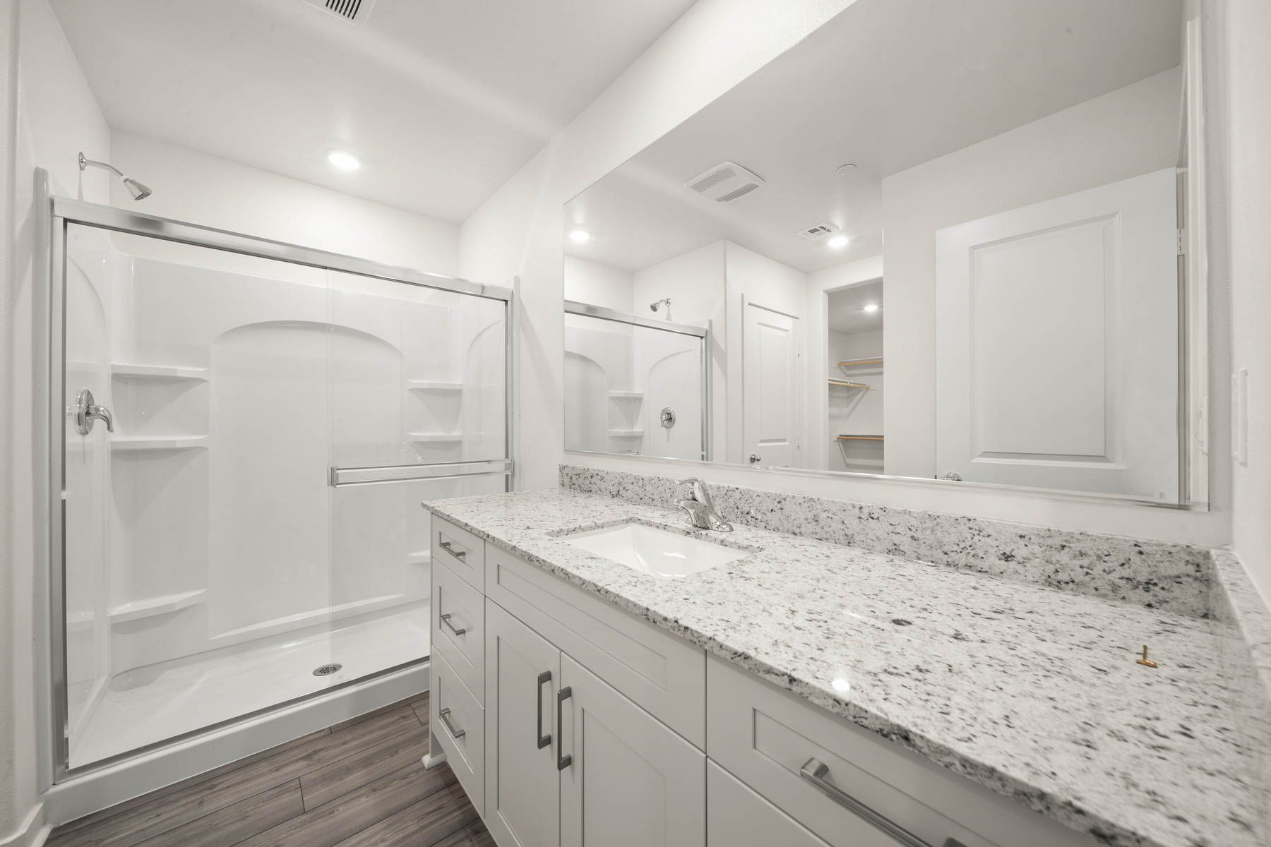 The master bathroom has a large vanity and a step in shower.