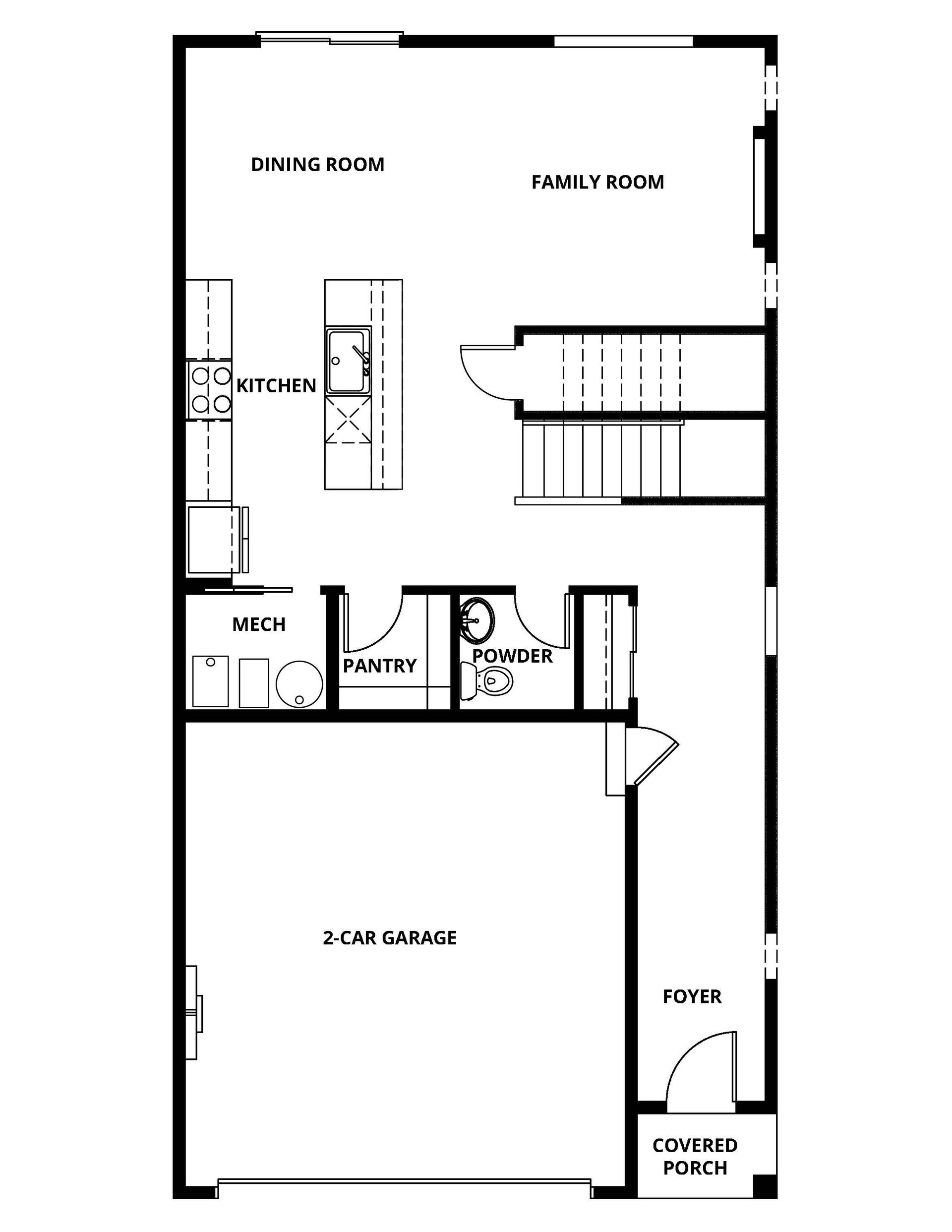 The first floor of the Mayfield has the chef ready kitchen and a spacious family room.