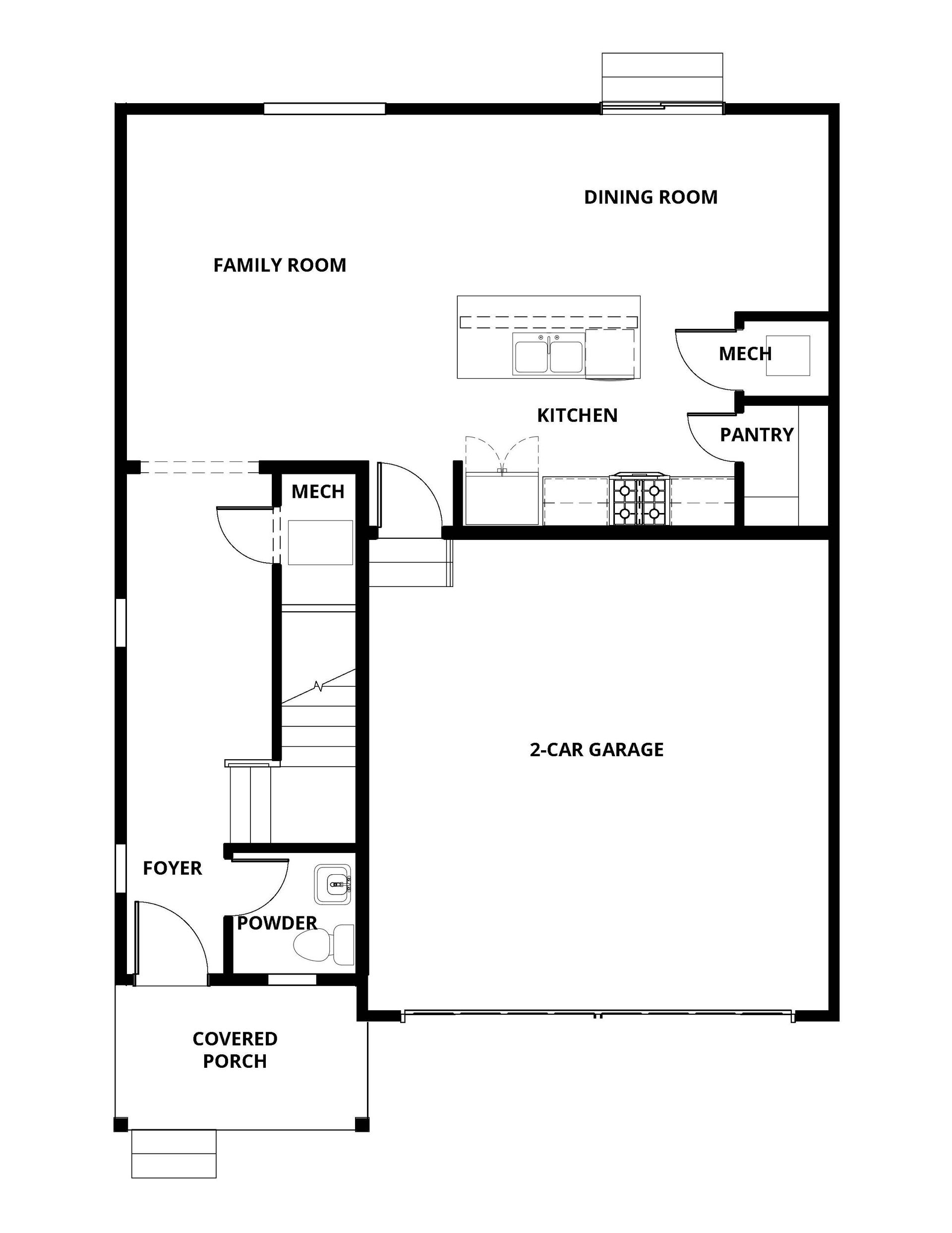 The first floor of the Platte has the spacious family room and the chef ready kitchen.