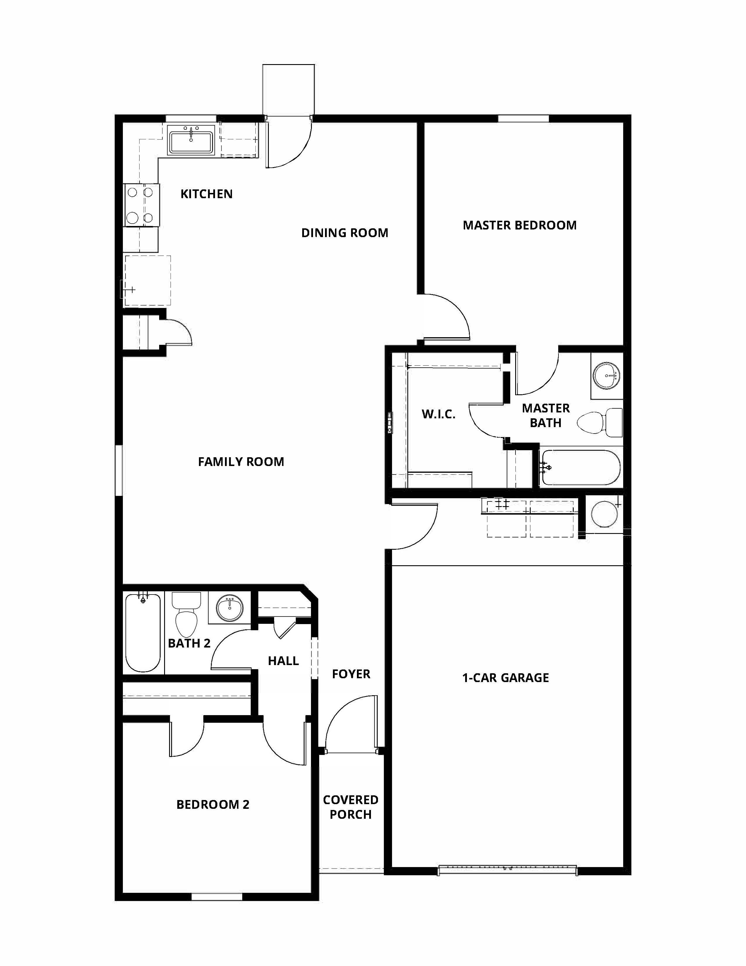 Open-concept floor plan with two bedrooms, two bathrooms and an attached one-car garage. 