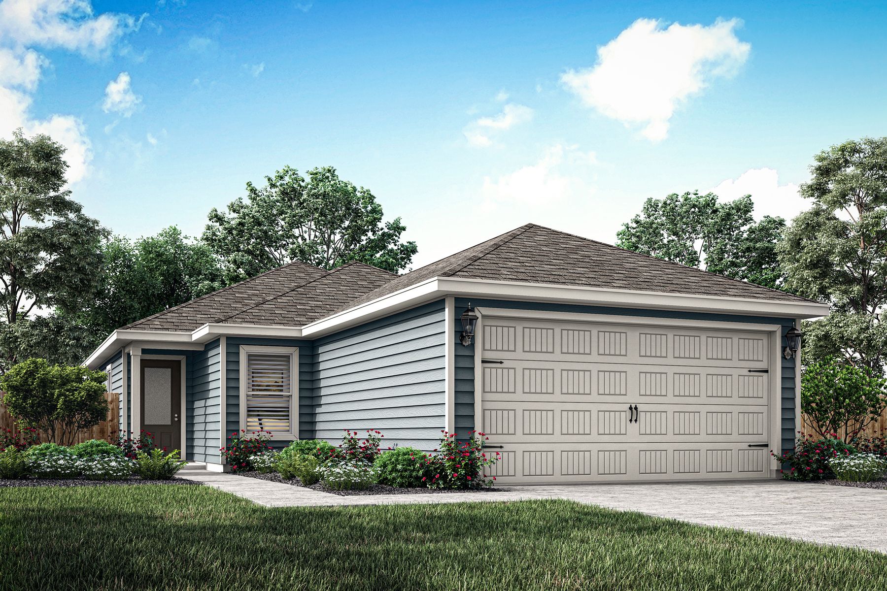 Rendering of a beautiful one-story, siding home. 