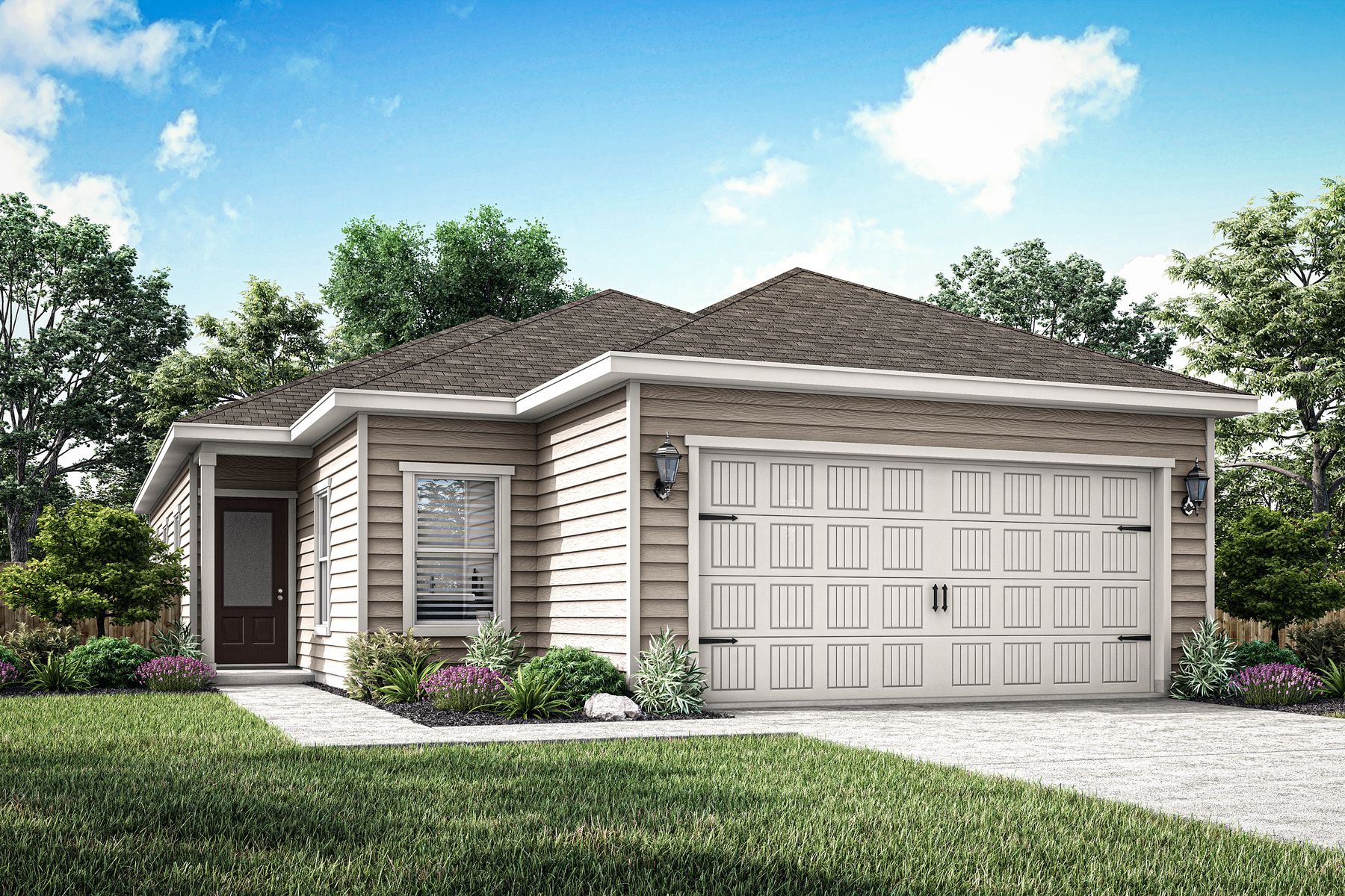 Rendering of a beautiful one-story, siding home. 