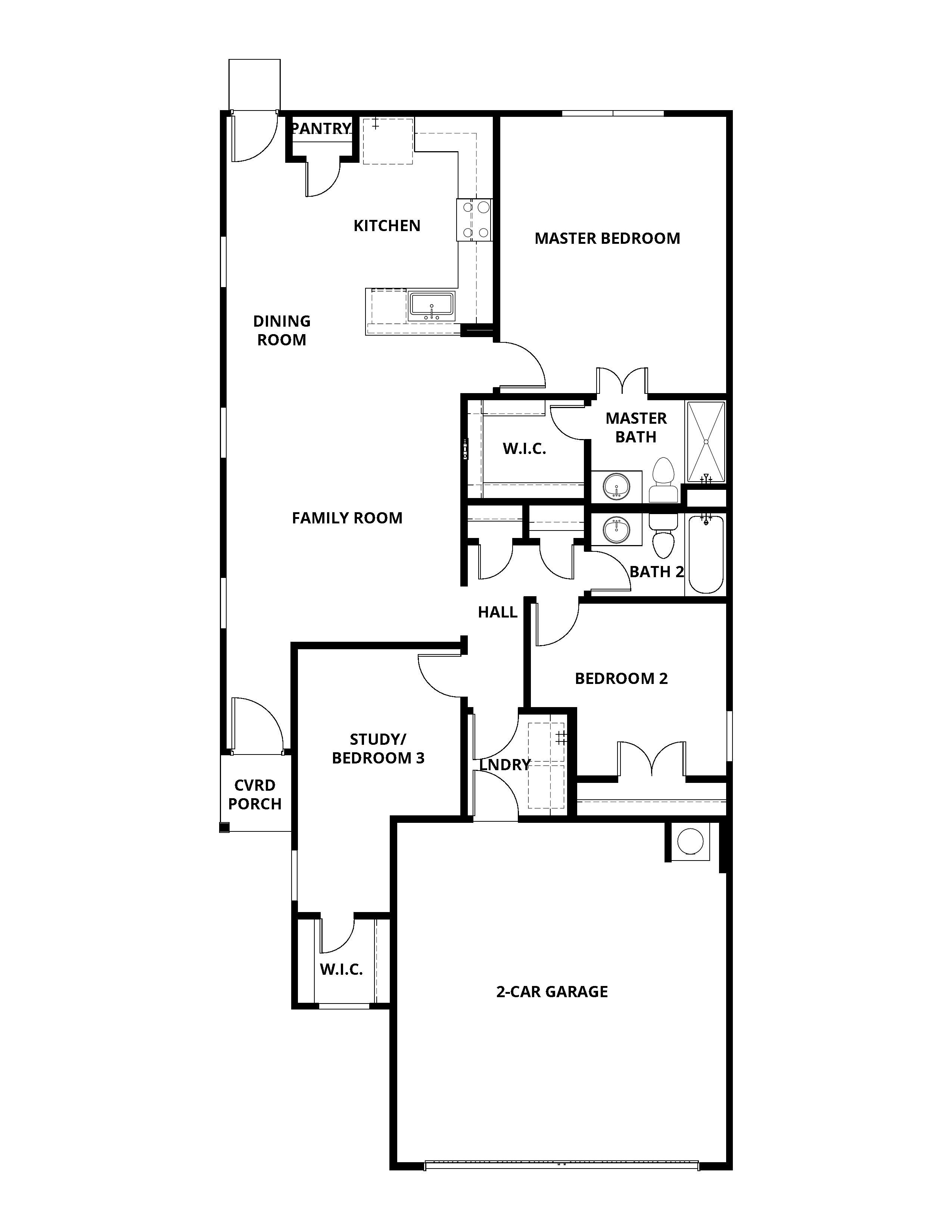 Open-concept floor plan with three bedrooms, two bathrooms and an attached two-car garage. 