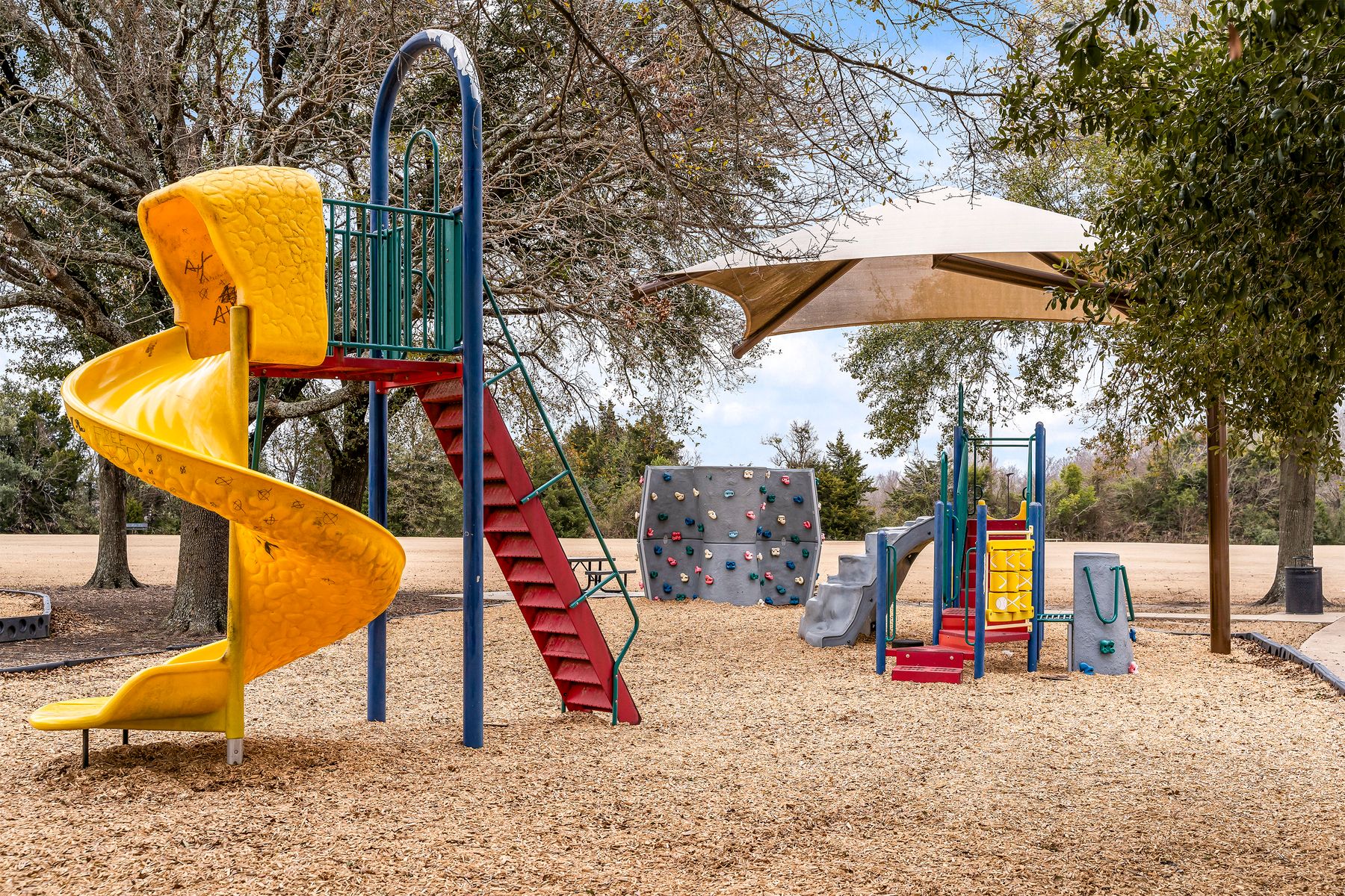 Arlie E. White Memorial Park has an exciting playground with slides and a rock climbing wall.