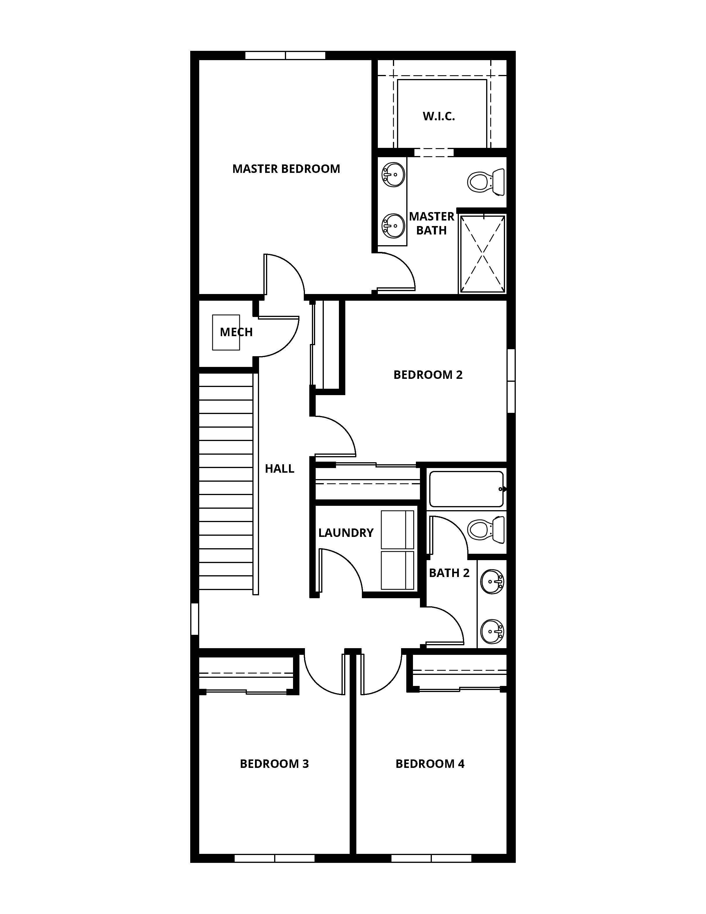 The second floor of the Rockfish has the bedrooms and a laundry room.