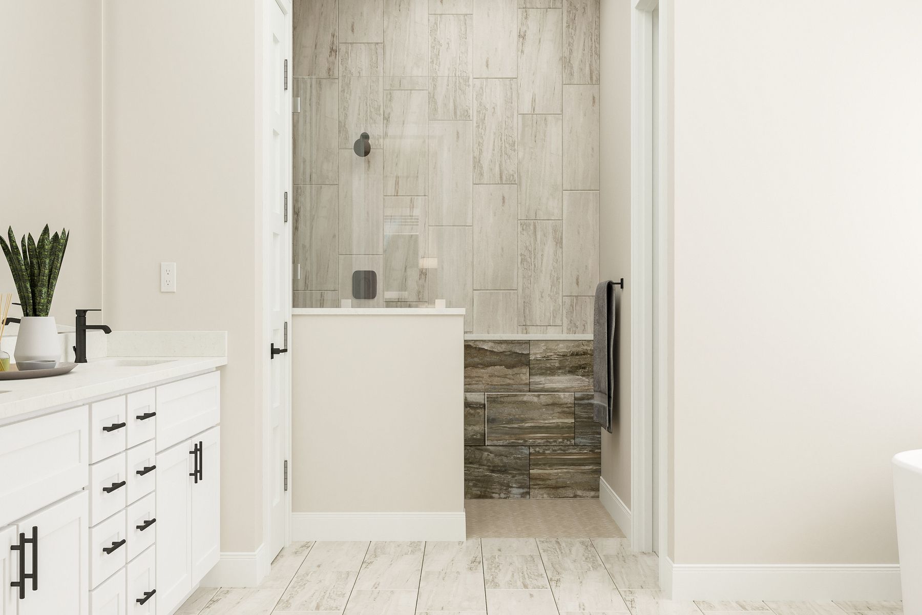 The master bathroom has a large, walk-in shower.
