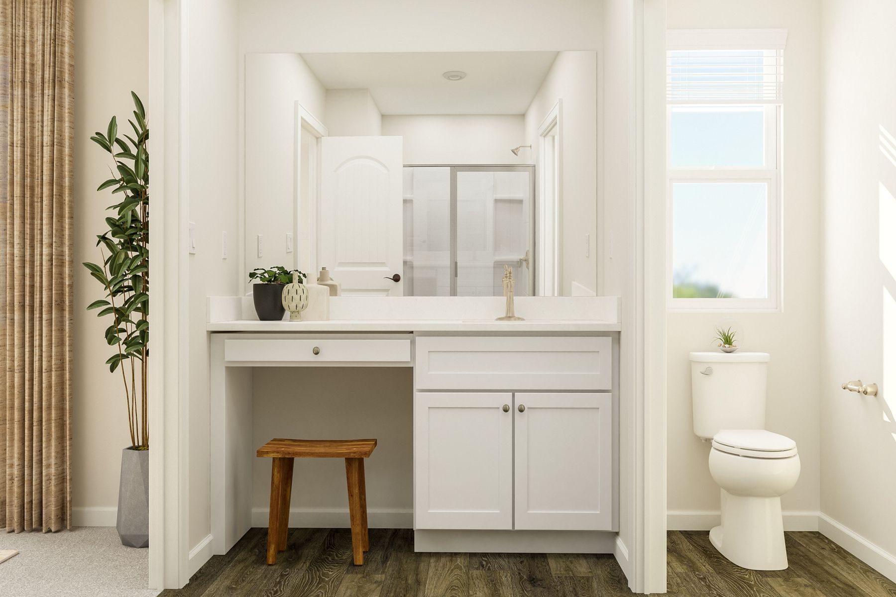 this bathroom has a glass-enclosed shower