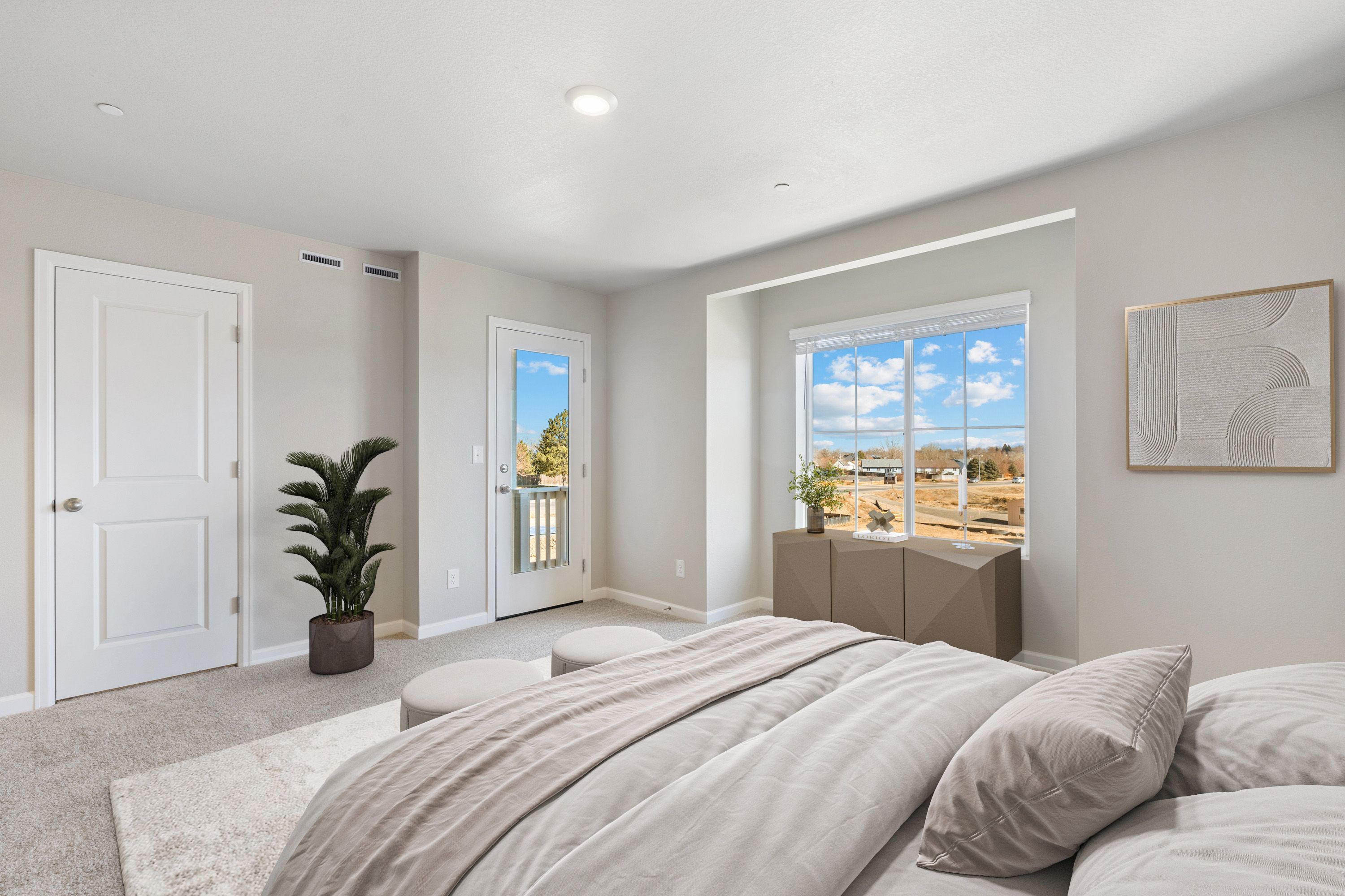 The family room is spacious and has access to a deck.