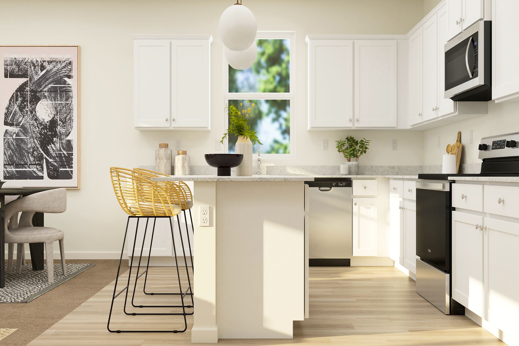 The kitchen has stainless steel appliances and plank flooring.