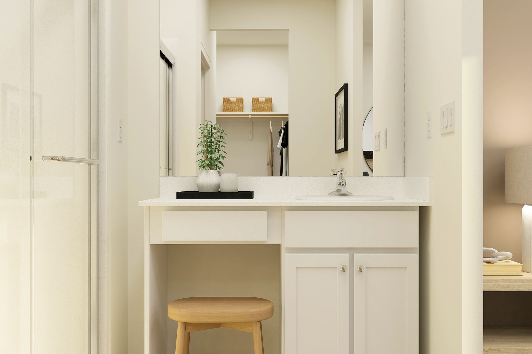 The master bathroom has a large vanity and step in shower
