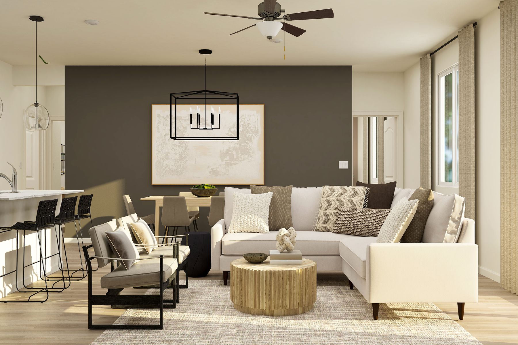 The family room is spacious with a ceiling fan.