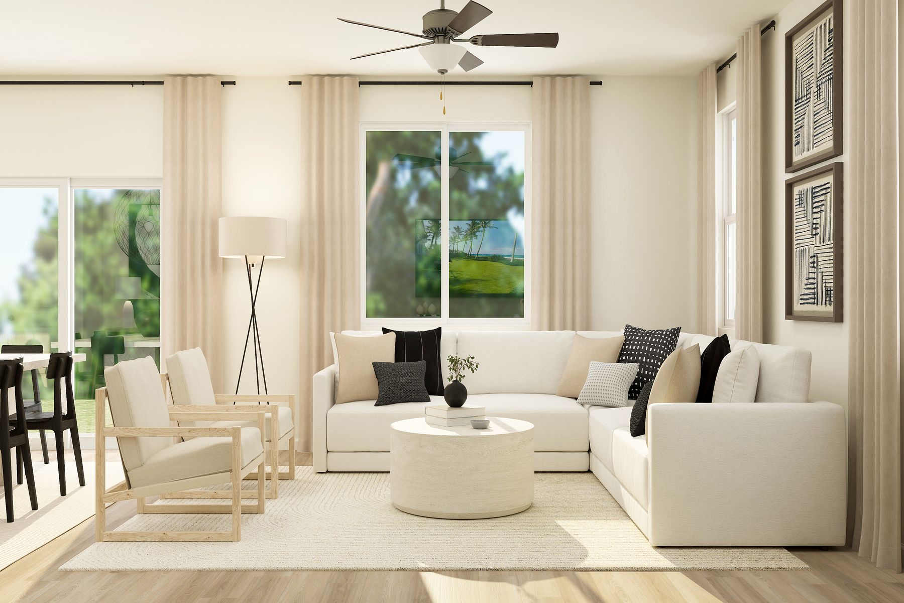 The family room is spacious with a ceiling fan.