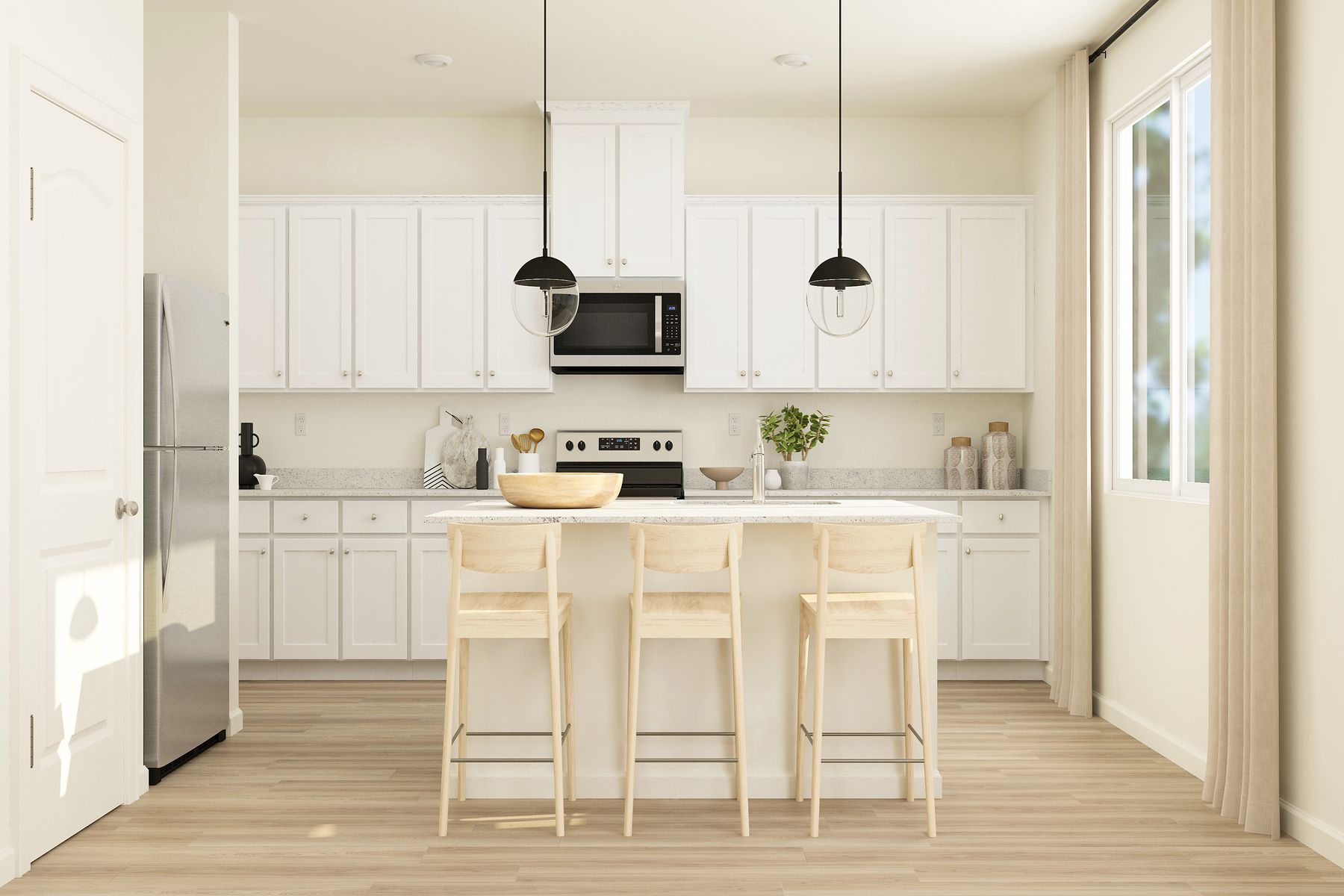The kitchen has stainless steel appliances and plank flooring.