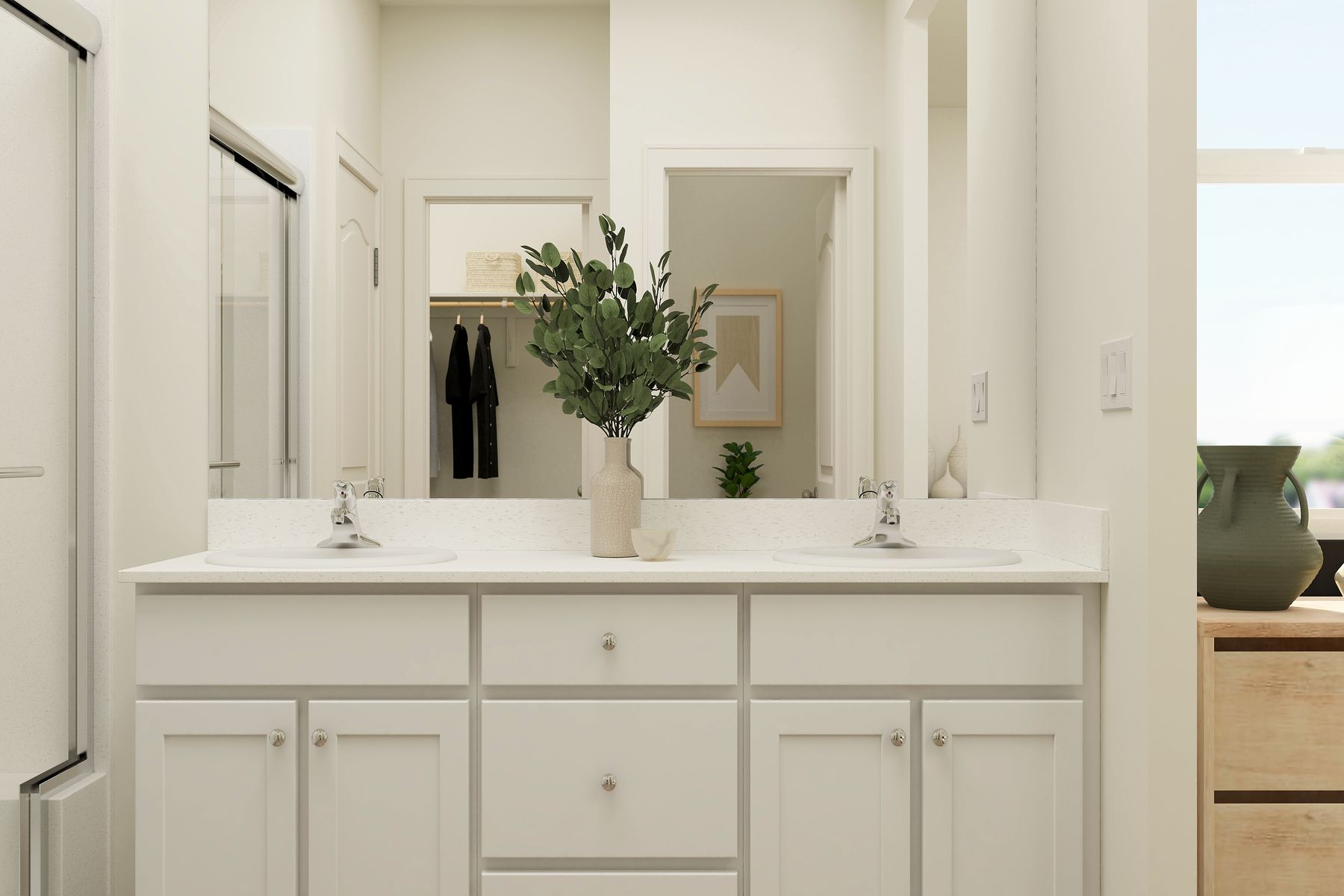 The master bathroom has a dual sink vanity and step in shower,l