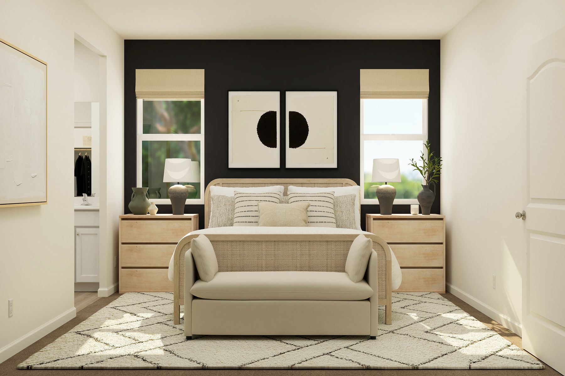 The master bedroom is spacious and has carpet.