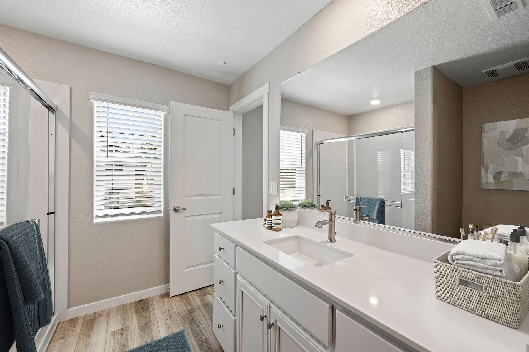 The master bathroom has a dual sink vanity and step in shower.