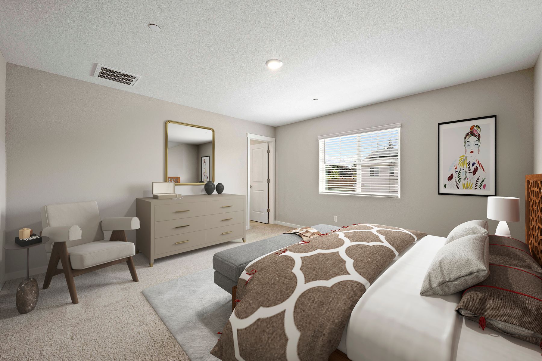 The master bedroom is spacious and has carpet.