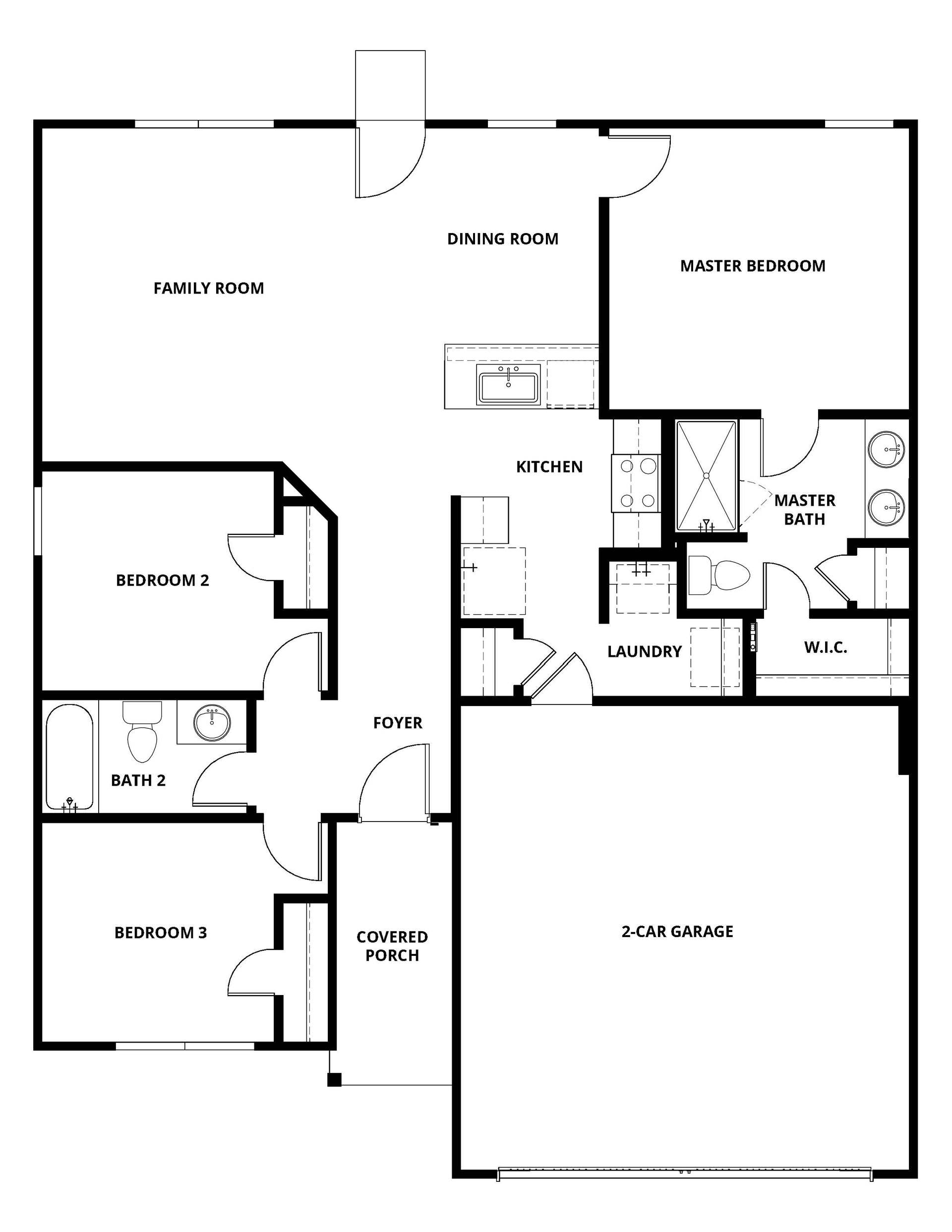 The Amelia floor plan has an open layout, three bedrooms and two bathrooms. 