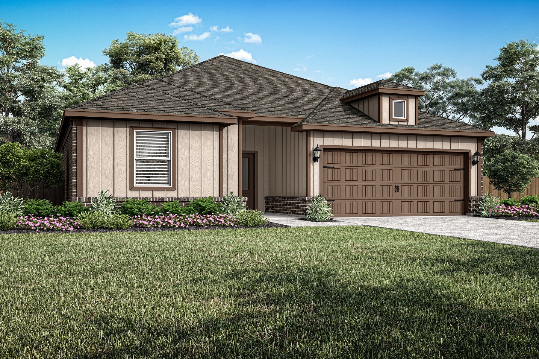 The Cassidy is a beautiful one-story siding home with brick details.