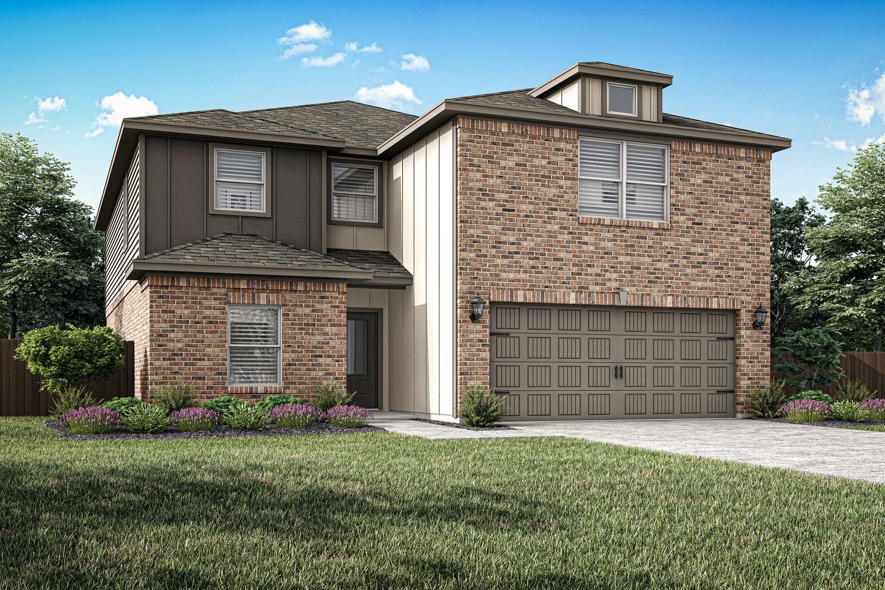 The Sterling is a two-story floor plan with a brick and siding exterior.